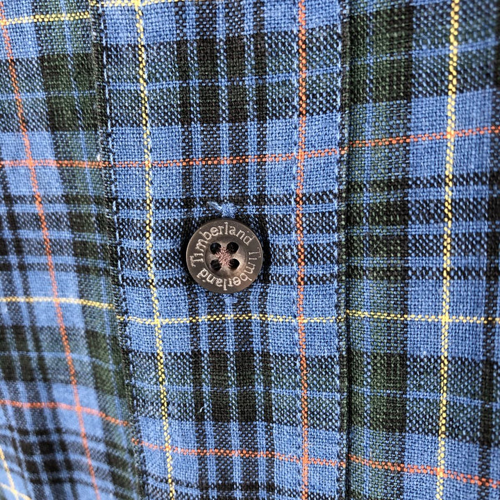 90'S Timberland Check Pattern Short-Sleeve Linen Button-Down Shirt, Men's Size XL (Equivalent), Vintage linen blue type Vintage Second Hand