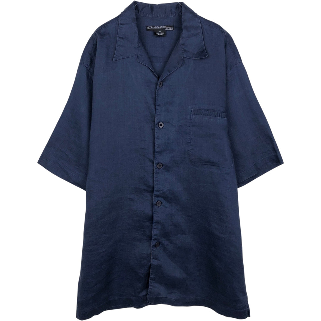 SYLLABLES SYSTEM Short-Sleeve Open-Collar Linen Shirt, Men's Size XL (Equivalent), Boxy Shirt linen navy blue type Vintage Second Hand