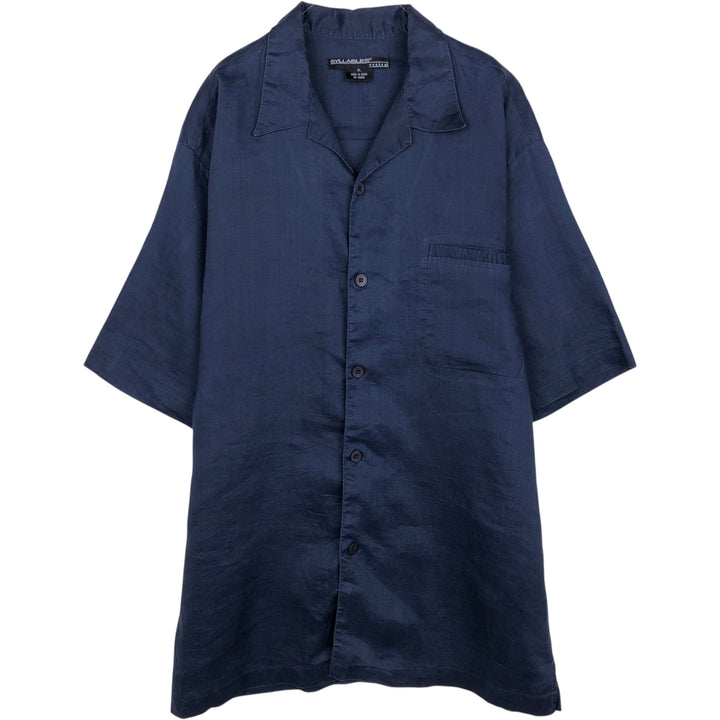 SYLLABLES SYSTEM Short-Sleeve Open-Collar Linen Shirt, Men's Size XL (Equivalent), Boxy Shirt linen navy blue type Vintage Second Hand