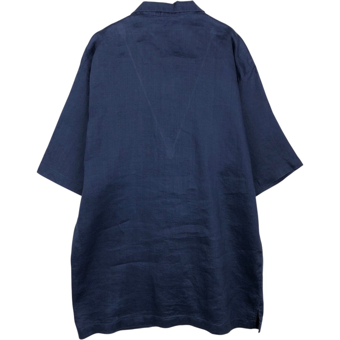 SYLLABLES SYSTEM Short-Sleeve Open-Collar Linen Shirt, Men's Size XL (Equivalent), Boxy Shirt linen navy blue type Vintage Second Hand