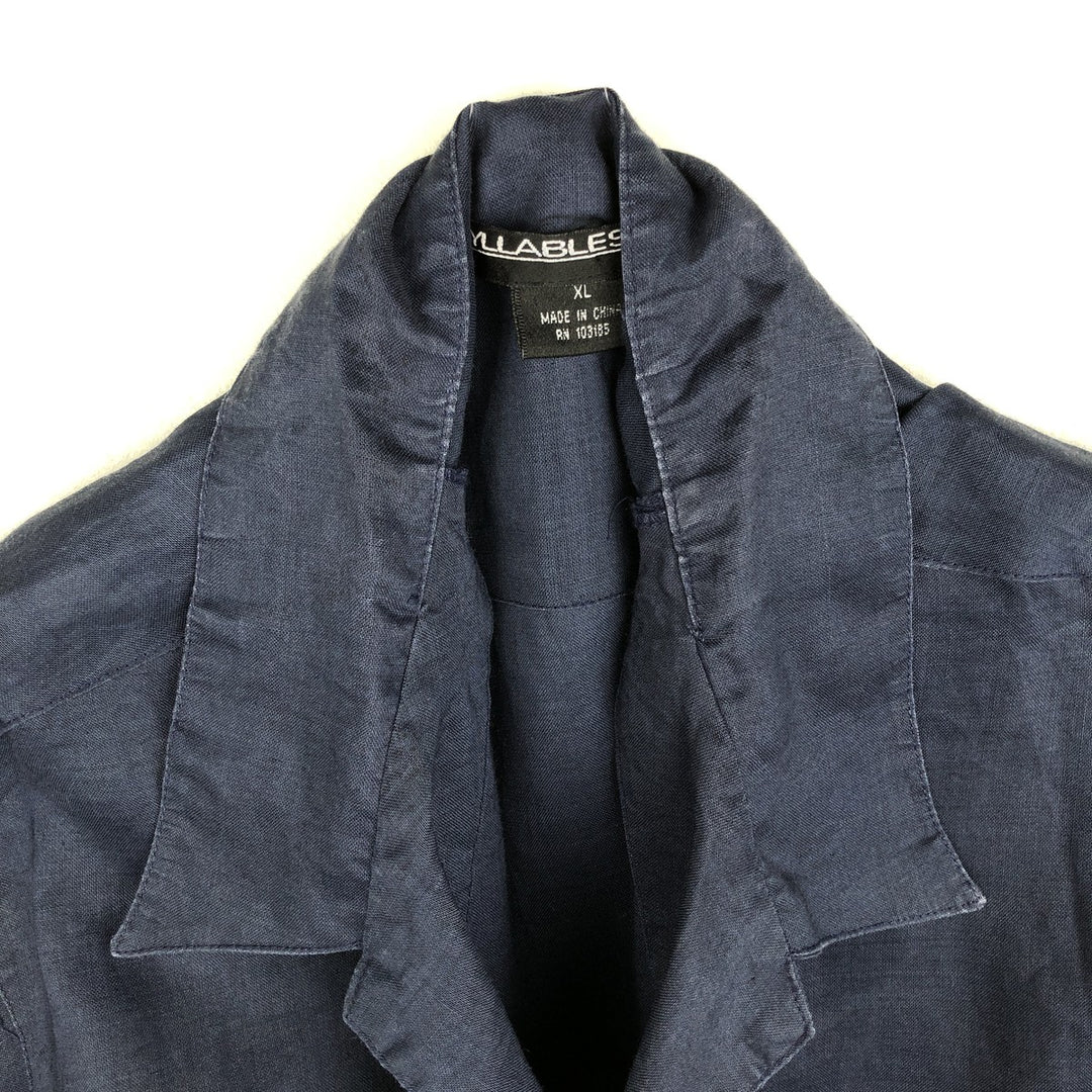 SYLLABLES SYSTEM Short-Sleeve Open-Collar Linen Shirt, Men's Size XL (Equivalent), Boxy Shirt linen navy blue type Vintage Second Hand