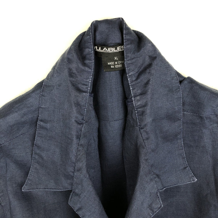 SYLLABLES SYSTEM Short-Sleeve Open-Collar Linen Shirt, Men's Size XL (Equivalent), Boxy Shirt linen navy blue type Vintage Second Hand