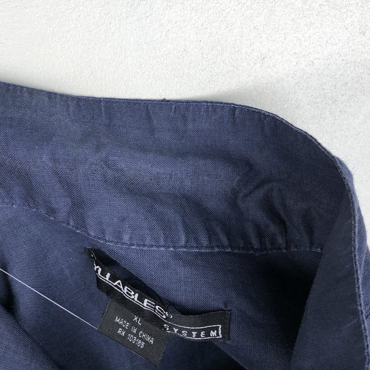 SYLLABLES SYSTEM Short-Sleeve Open-Collar Linen Shirt, Men's Size XL (Equivalent), Boxy Shirt linen navy blue type Vintage Second Hand