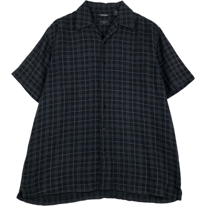 Haggar Washable Linen Check Pattern Short-Sleeve Box Shirt, Open Collar, Rayon x Linen Shirt, Men's Size M (approx.) linen black type Vintage Second Hand