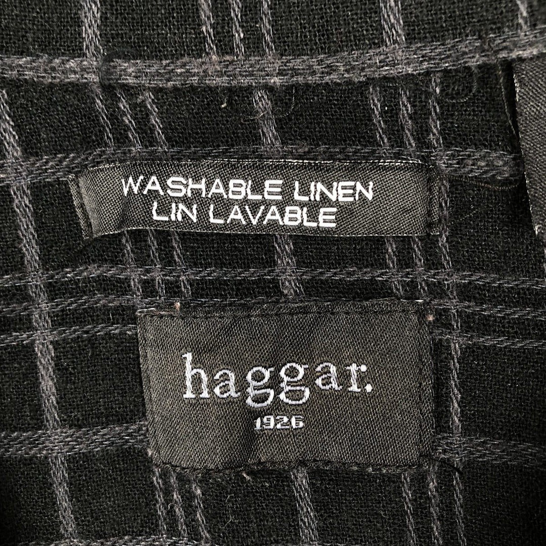 Haggar Washable Linen Check Pattern Short-Sleeve Box Shirt, Open Collar, Rayon x Linen Shirt, Men's Size M (approx.) linen black type Vintage Second Hand