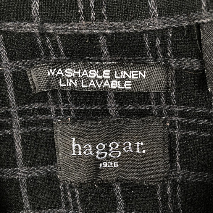 Haggar Washable Linen Check Pattern Short-Sleeve Box Shirt, Open Collar, Rayon x Linen Shirt, Men's Size M (approx.) linen black type Vintage Second Hand