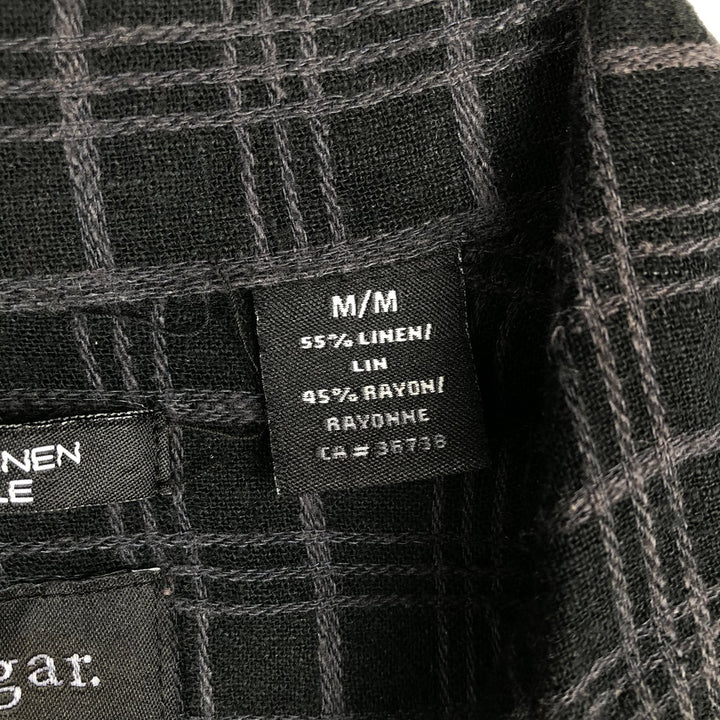 Haggar Washable Linen Check Pattern Short-Sleeve Box Shirt, Open Collar, Rayon x Linen Shirt, Men's Size M (approx.) linen black type Vintage Second Hand