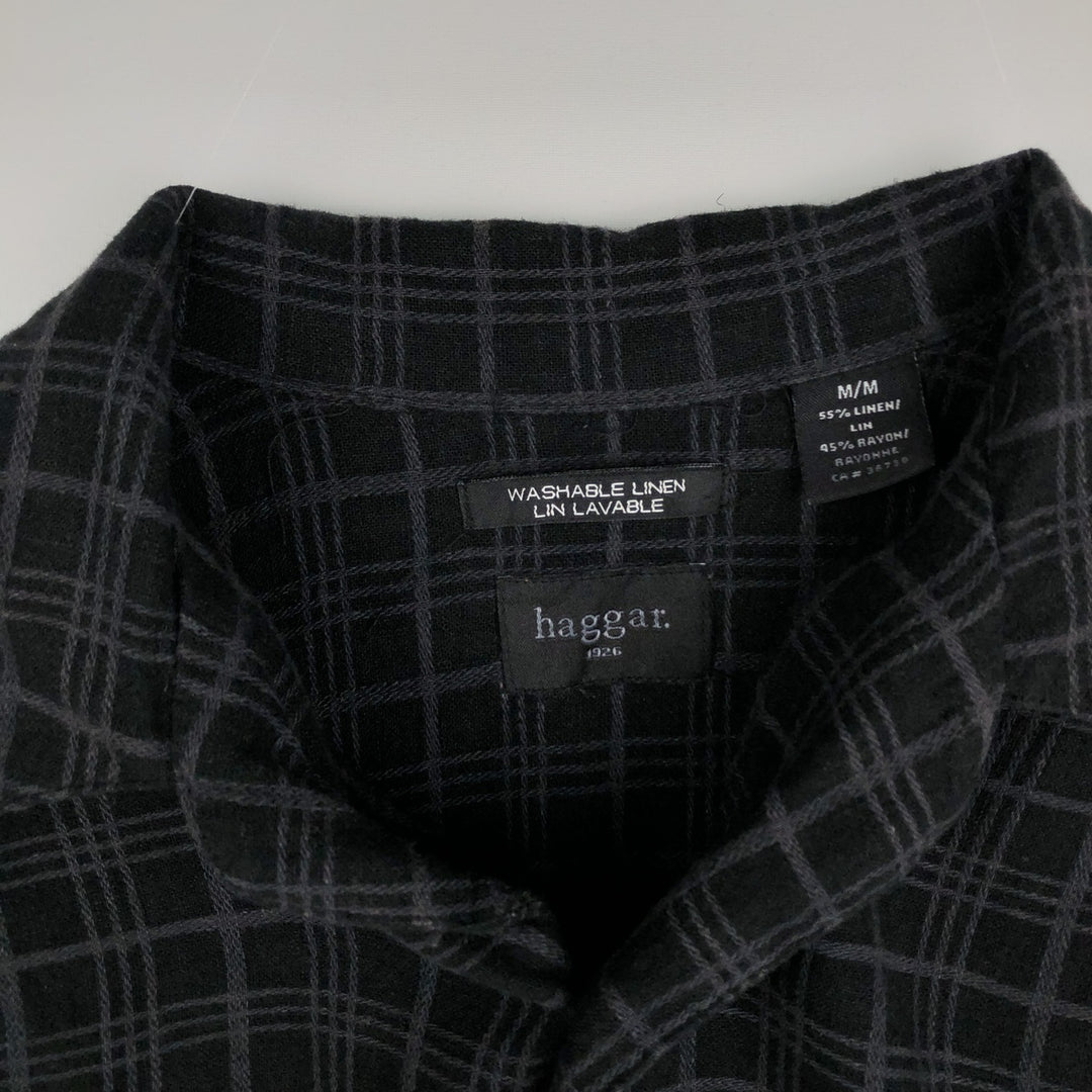 Haggar Washable Linen Check Pattern Short-Sleeve Box Shirt, Open Collar, Rayon x Linen Shirt, Men's Size M (approx.) linen black type Vintage Second Hand