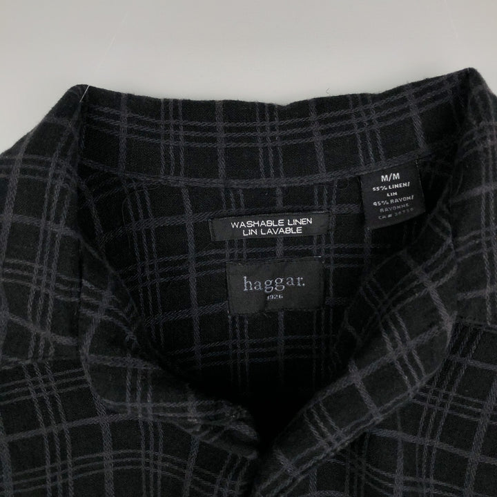 Haggar Washable Linen Check Pattern Short-Sleeve Box Shirt, Open Collar, Rayon x Linen Shirt, Men's Size M (approx.) linen black type Vintage Second Hand