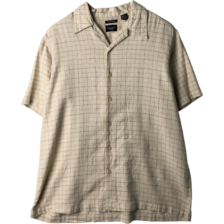 HAGGAR WASHABLE LINEN Check Pattern Short-Sleeve Open Collar Rayon x Linen Shirt, Box Shirt, Men's XL Equivalent linen Beige type Vintage Second Hand