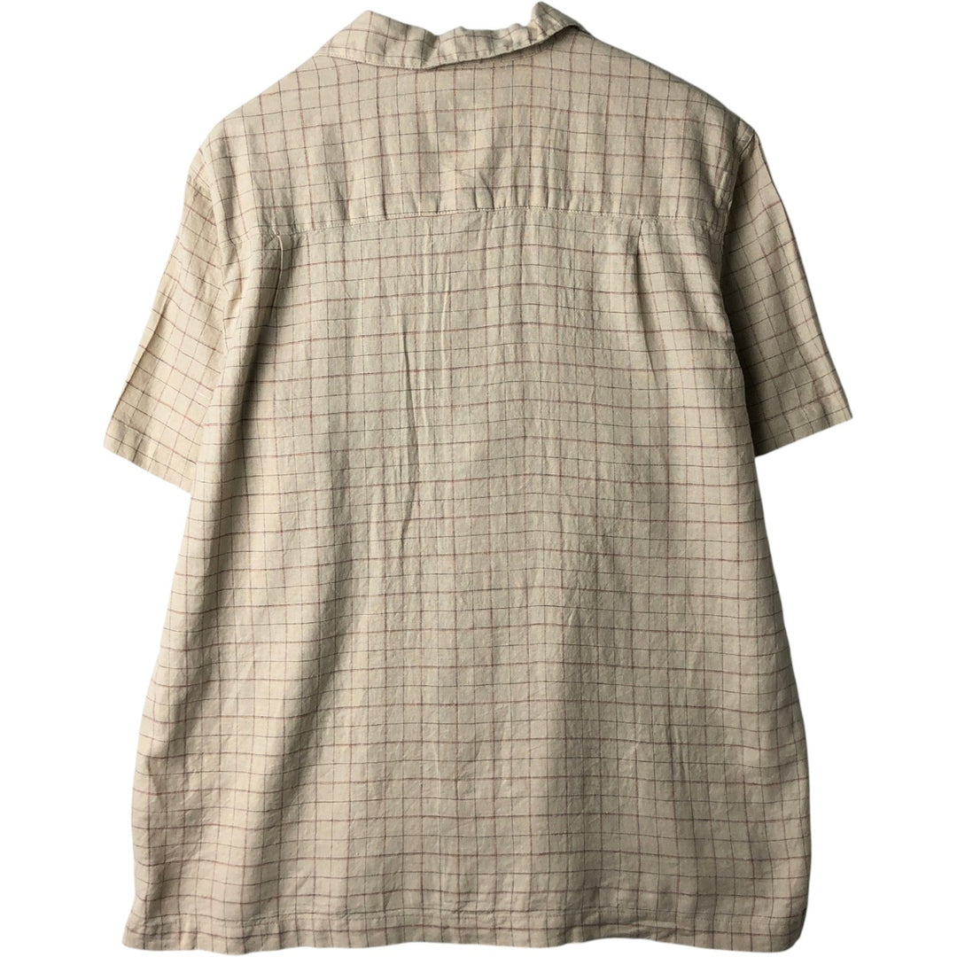 HAGGAR WASHABLE LINEN Check Pattern Short-Sleeve Open Collar Rayon x Linen Shirt, Box Shirt, Men's XL Equivalent linen Beige type Vintage Second Hand