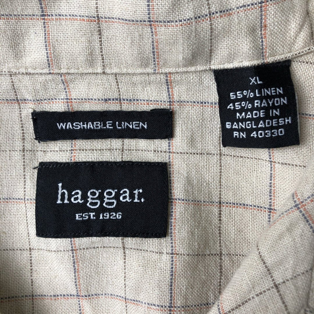 HAGGAR WASHABLE LINEN Check Pattern Short-Sleeve Open Collar Rayon x Linen Shirt, Box Shirt, Men's XL Equivalent linen Beige type Vintage Second Hand