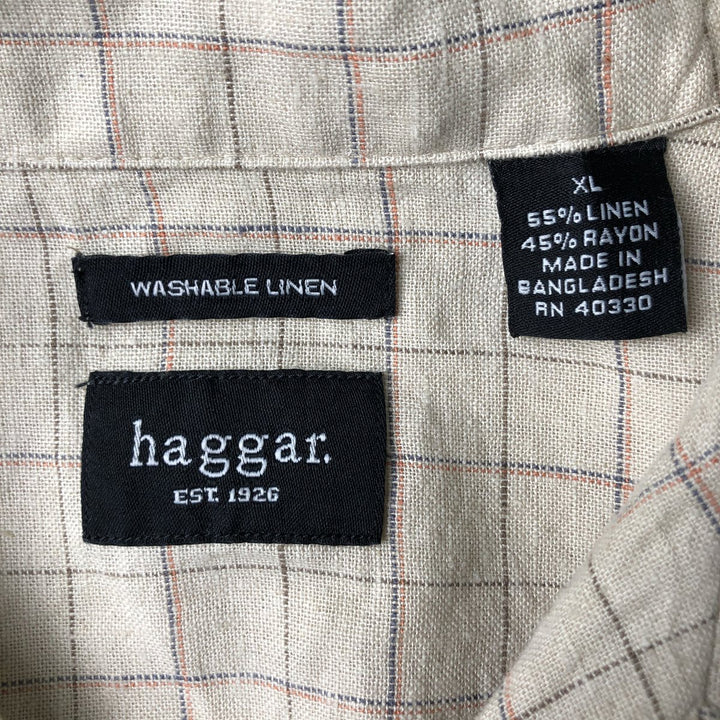 HAGGAR WASHABLE LINEN Check Pattern Short-Sleeve Open Collar Rayon x Linen Shirt, Box Shirt, Men's XL Equivalent linen Beige type Vintage Second Hand