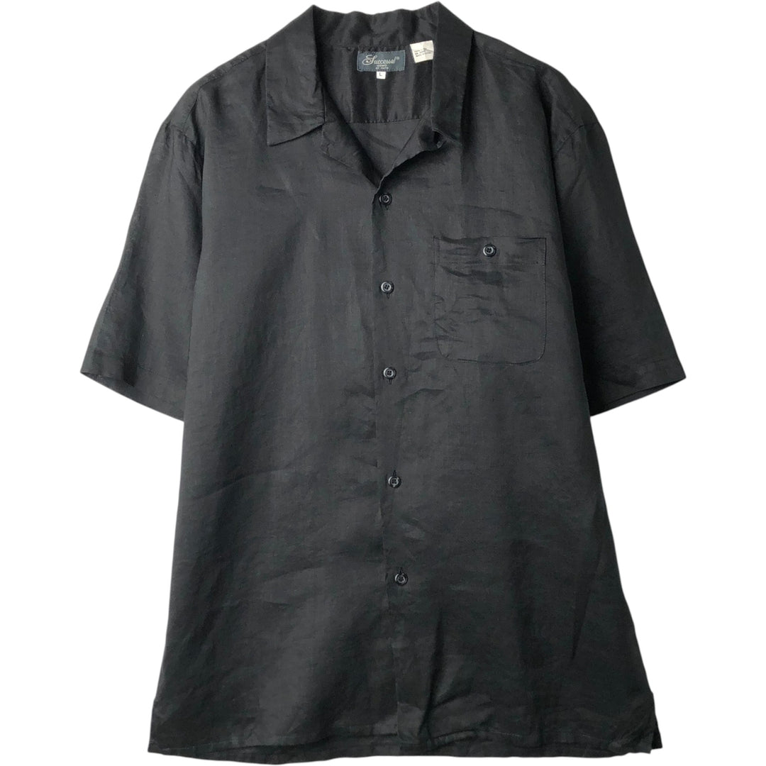 SUCCESSO Short-Sleeve Open-Collar Linen Shirt, Boxy Fit, Men's Size L (approx.) linen black type Vintage Second Hand