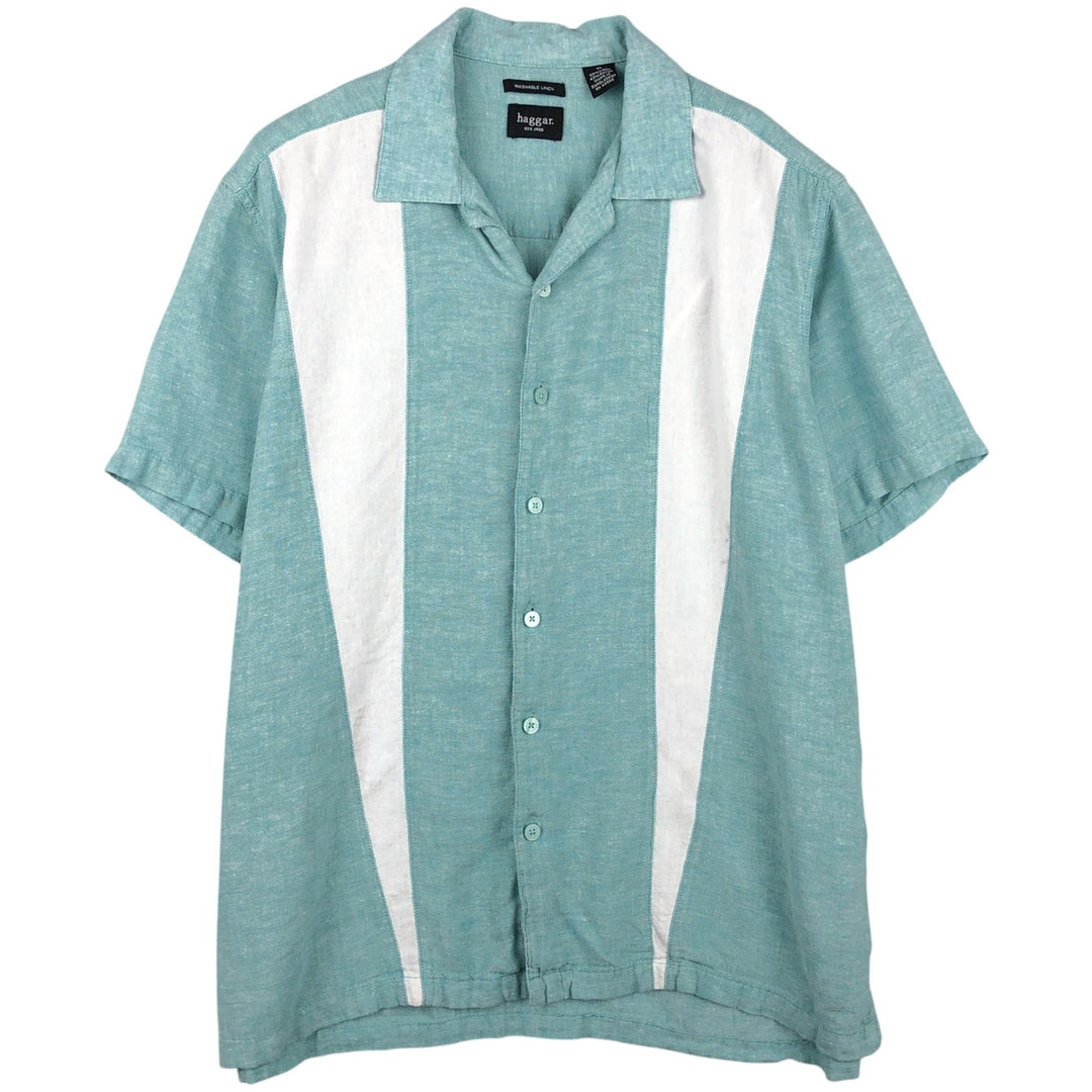 Haggar Washable Linen Two-Tone Short-Sleeve Open-Collar Rayon x Linen Box Shirt (Men's XL equivalent) linen Blue type light blue Vintage Second Hand