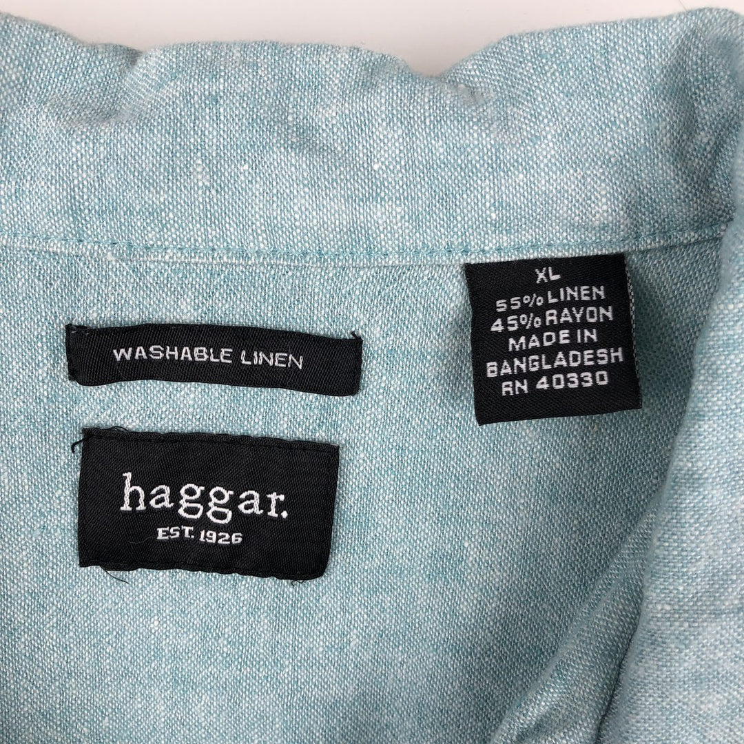 Haggar Washable Linen Two-Tone Short-Sleeve Open-Collar Rayon x Linen Box Shirt (Men's XL equivalent) linen Blue type light blue Vintage Second Hand