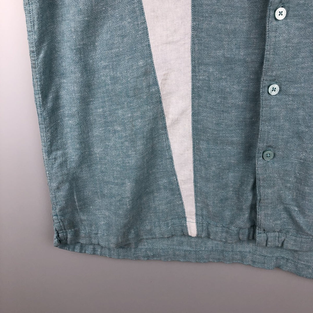 Haggar Washable Linen Two-Tone Short-Sleeve Open-Collar Rayon x Linen Box Shirt (Men's XL equivalent) linen Blue type light blue Vintage Second Hand