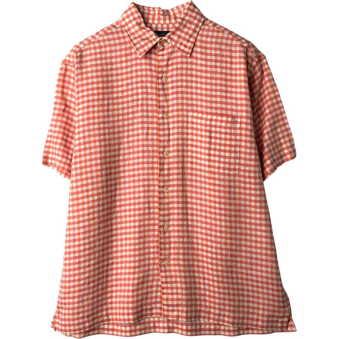 Brooks Brothers Check Pattern Short-Sleeve Linen Shirt, Boxy Shirt, Men's Size M (approx.) linen orange type Vintage Second Hand