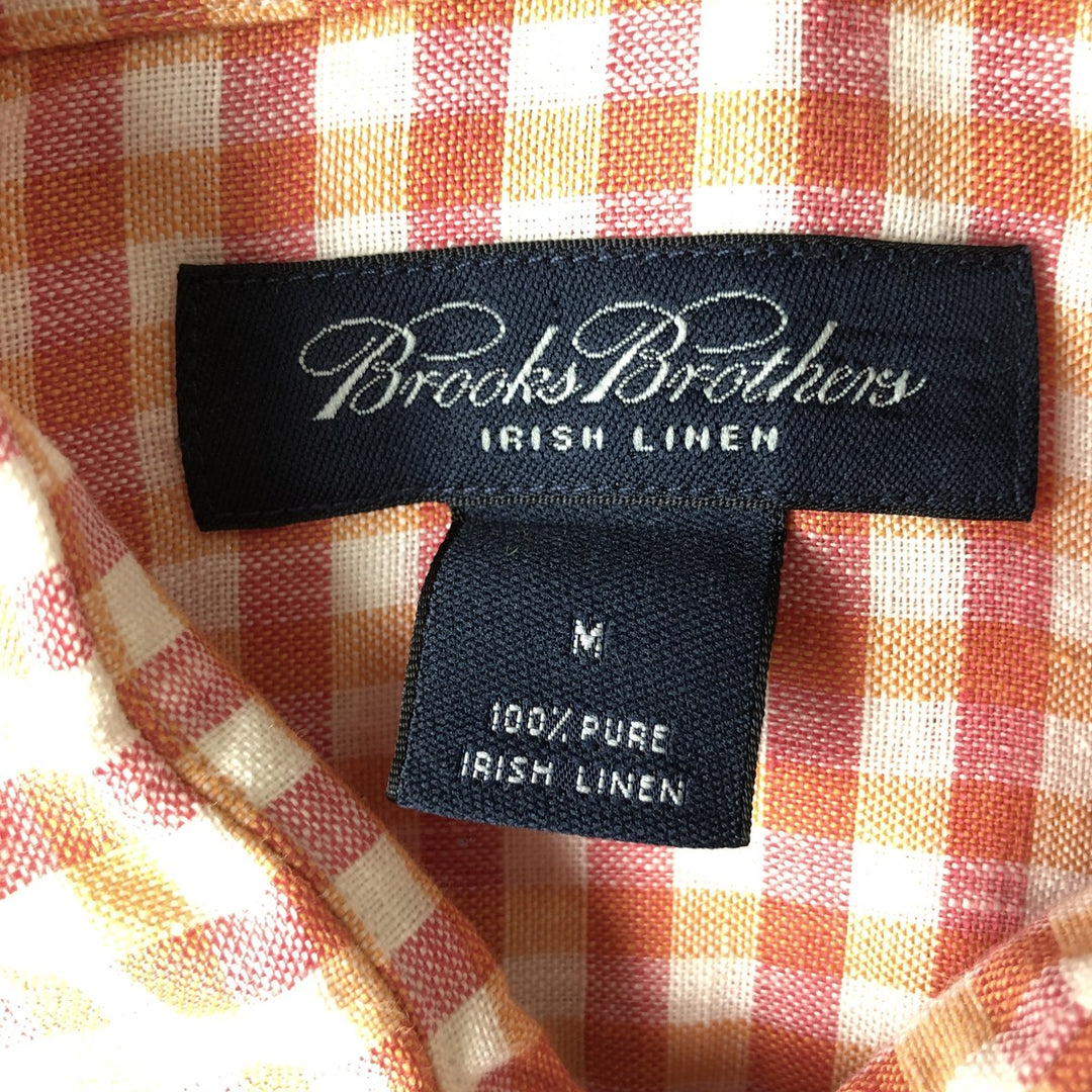 Brooks Brothers Check Pattern Short-Sleeve Linen Shirt, Boxy Shirt, Men's Size M (approx.) linen orange type Vintage Second Hand