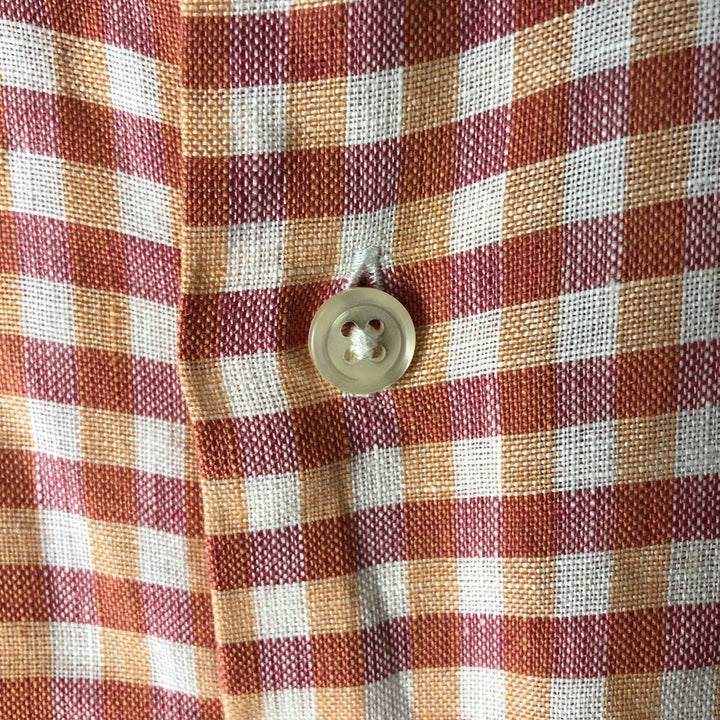 Brooks Brothers Check Pattern Short-Sleeve Linen Shirt, Boxy Shirt, Men's Size M (approx.) linen orange type Vintage Second Hand