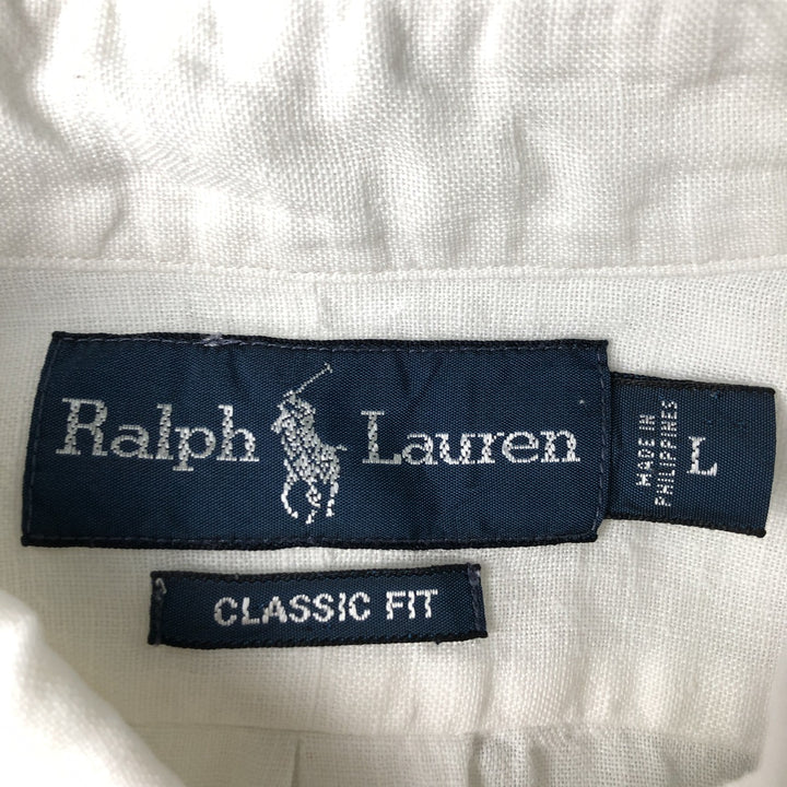 Ralph Lauren Classic Fit short sleeve linen button down shirt, men's size L linen white type Vintage Second Hand