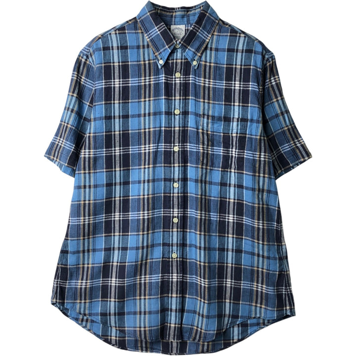Brooks Brothers Est.1818 Check Pattern Short-Sleeve Linen Button-Down Shirt, Men's Size L (approx.) linen blue type Vintage Second Hand