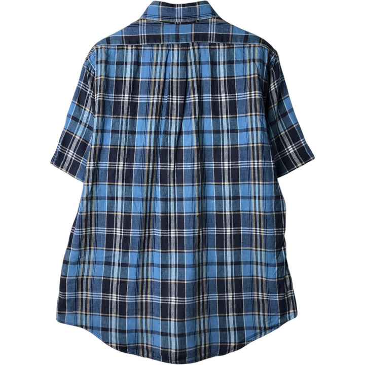 Brooks Brothers Est.1818 Check Pattern Short-Sleeve Linen Button-Down Shirt, Men's Size L (approx.) linen blue type Vintage Second Hand