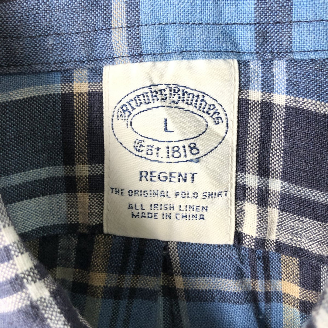 Brooks Brothers Est.1818 Check Pattern Short-Sleeve Linen Button-Down Shirt, Men's Size L (approx.) linen blue type Vintage Second Hand