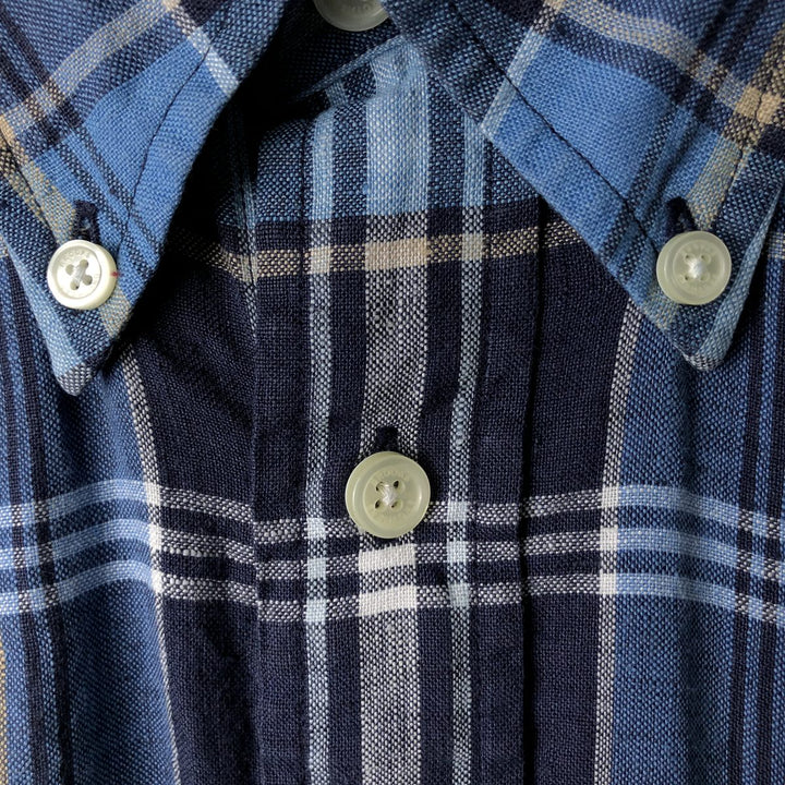Brooks Brothers Est.1818 Check Pattern Short-Sleeve Linen Button-Down Shirt, Men's Size L (approx.) linen blue type Vintage Second Hand
