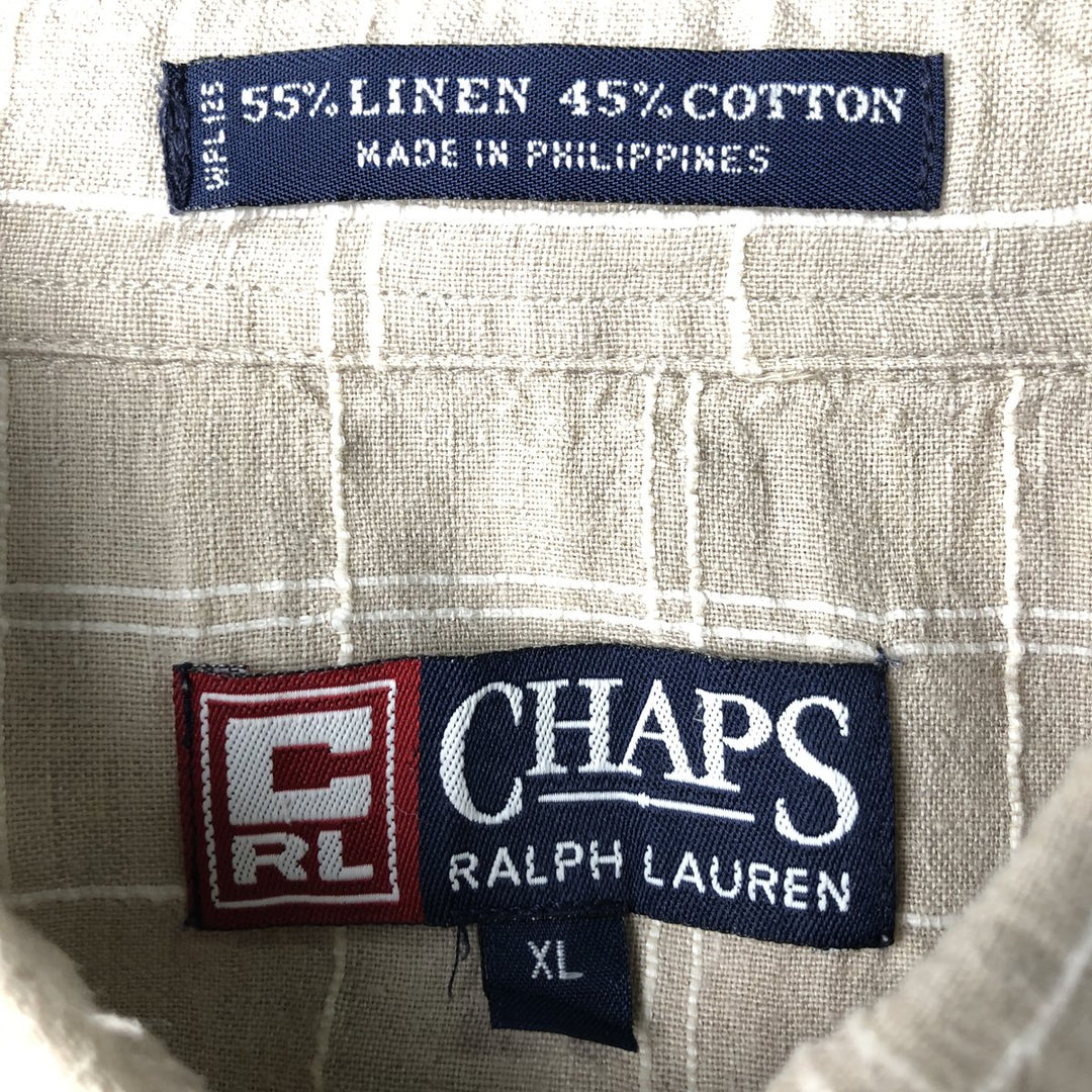 Ralph Lauren CHAPS Check Pattern Short-Sleeve Cotton x Linen Button-Down Shirt, Men's Size XL (approx.) linen Beige type Vintage Second Hand