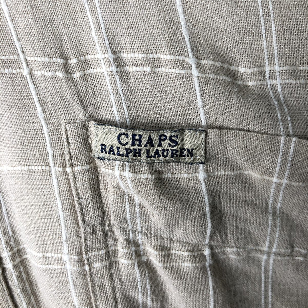 Ralph Lauren CHAPS Check Pattern Short-Sleeve Cotton x Linen Button-Down Shirt, Men's Size XL (approx.) linen Beige type Vintage Second Hand
