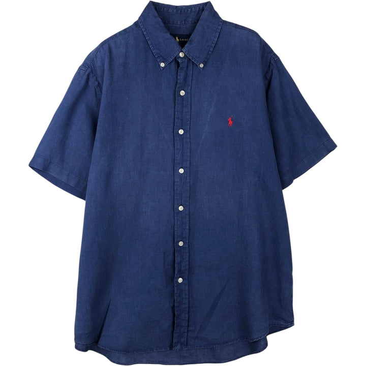 Ralph Lauren short sleeve linen button down shirt, men's size L linen navy blue type Vintage Second Hand