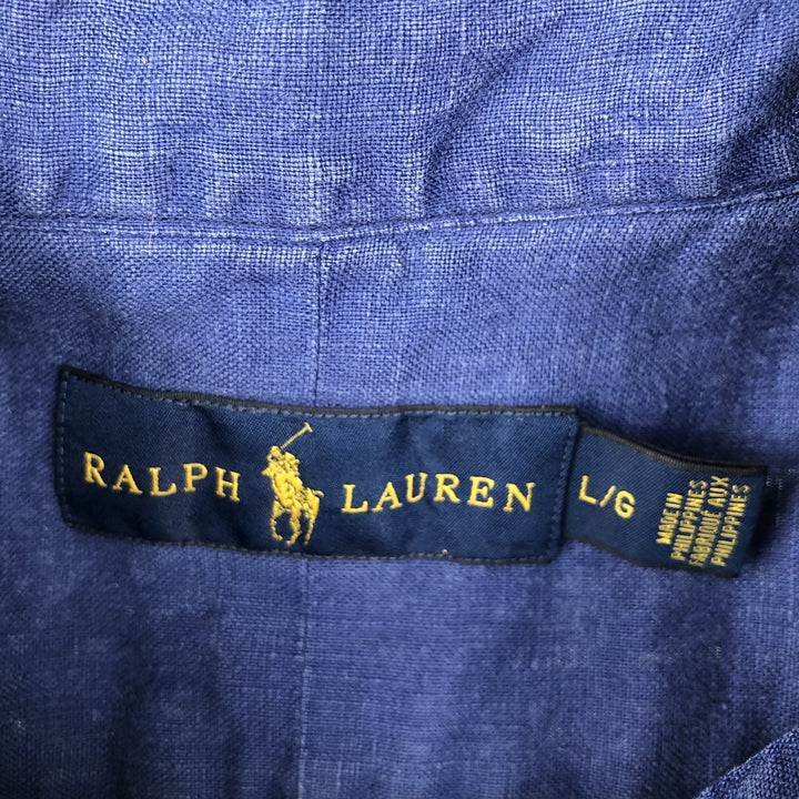 Ralph Lauren short sleeve linen button down shirt, men's size L linen navy blue type Vintage Second Hand
