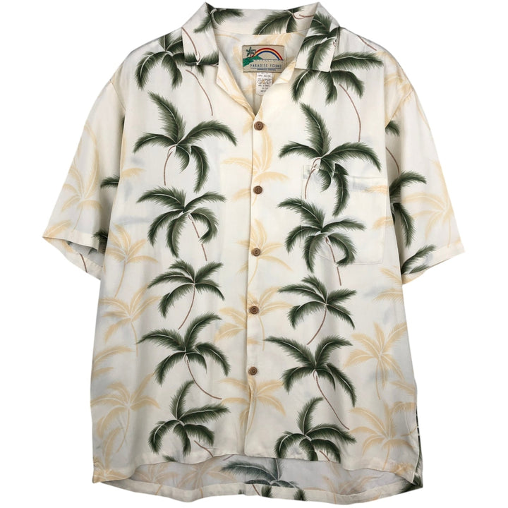 PARADISE FOUND All-over print border pattern open collar rayon Hawaiian Aloha shirt box shirt men's size M equivalent Rayon white type Vintage Second Hand