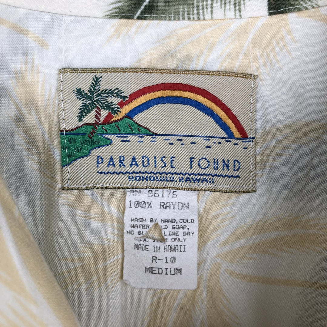PARADISE FOUND All-over print border pattern open collar rayon Hawaiian Aloha shirt box shirt men's size M equivalent Rayon white type Vintage Second Hand