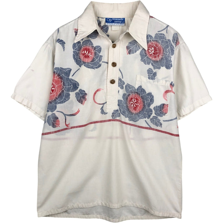 1970'S Ocean Pacific all-over floral print open-collar pullover Aloha shirt, men's size L equivalent, vintage. unclear white type Vintage Second Hand