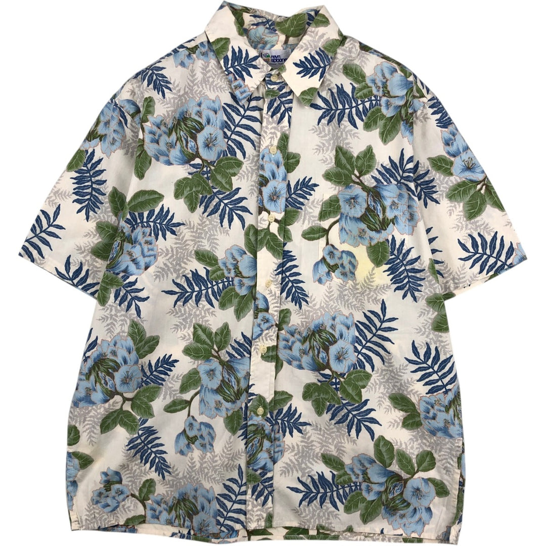 90'S Reyn Spooner swimwear tag, bikini tag, all-over floral print, Hawaiian Aloha shirt, boxy shirt, made in Hawaii, men's size L equivalent. cotton ivory Vintage Second Hand