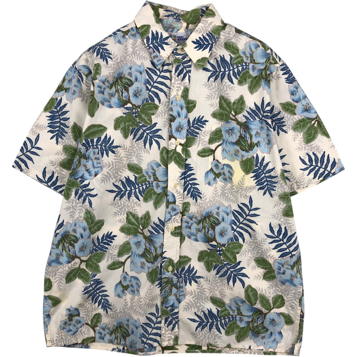 90'S Reyn Spooner swimwear tag, bikini tag, all-over floral print, Hawaiian Aloha shirt, boxy shirt, made in Hawaii, men's size L equivalent. cotton ivory Vintage Second Hand
