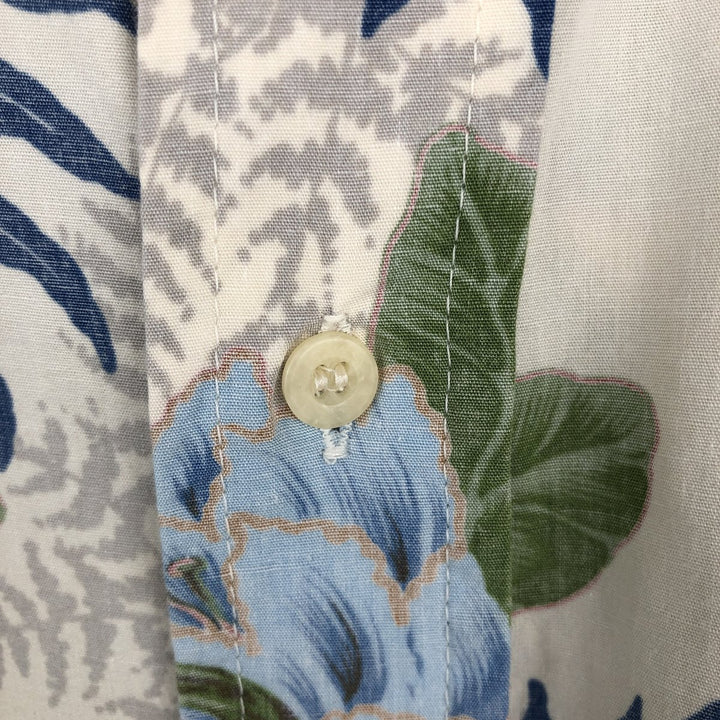 90'S Reyn Spooner swimwear tag, bikini tag, all-over floral print, Hawaiian Aloha shirt, boxy shirt, made in Hawaii, men's size L equivalent. cotton ivory Vintage Second Hand