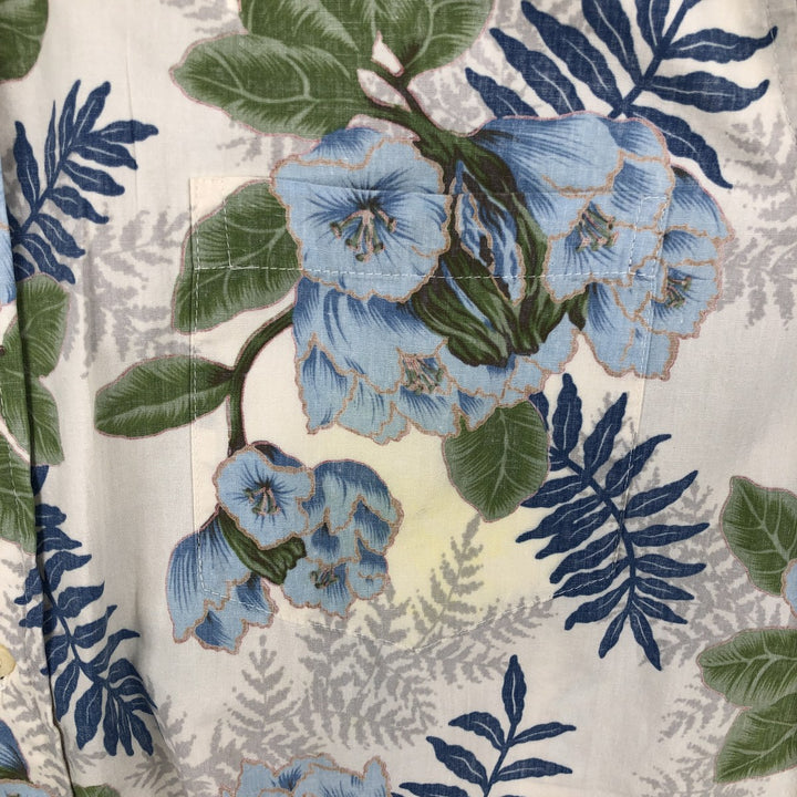 90'S Reyn Spooner swimwear tag, bikini tag, all-over floral print, Hawaiian Aloha shirt, boxy shirt, made in Hawaii, men's size L equivalent. cotton ivory Vintage Second Hand
