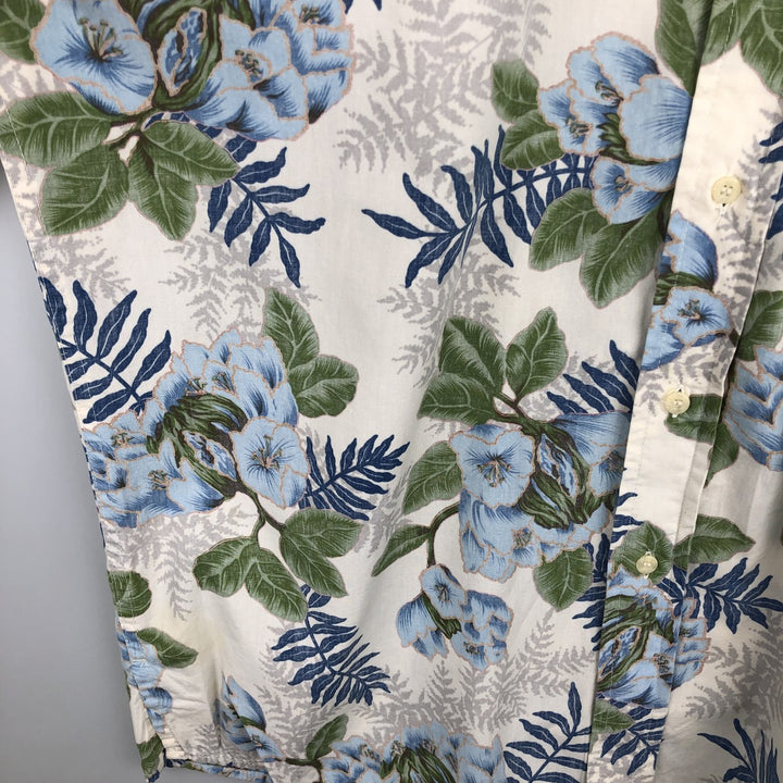 90'S Reyn Spooner swimwear tag, bikini tag, all-over floral print, Hawaiian Aloha shirt, boxy shirt, made in Hawaii, men's size L equivalent. cotton ivory Vintage Second Hand