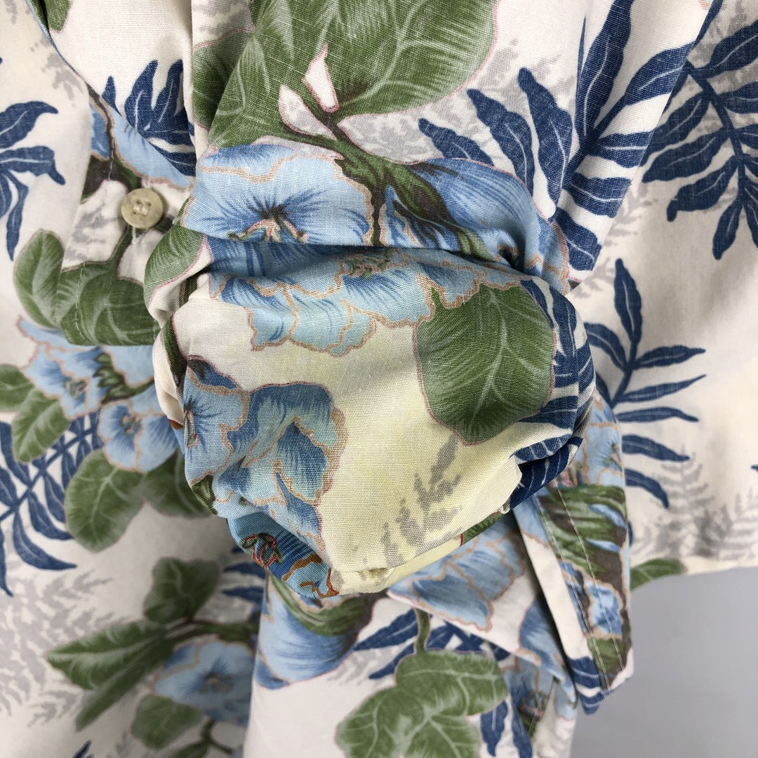 90'S Reyn Spooner swimwear tag, bikini tag, all-over floral print, Hawaiian Aloha shirt, boxy shirt, made in Hawaii, men's size L equivalent. cotton ivory Vintage Second Hand