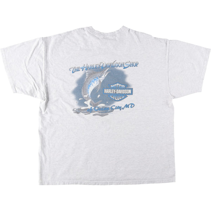 Harley-Davidson Fish Print Motorcycle T-Shirt, Made in USA, Men's XXL (approx.) cotton white type Vintage Second Hand