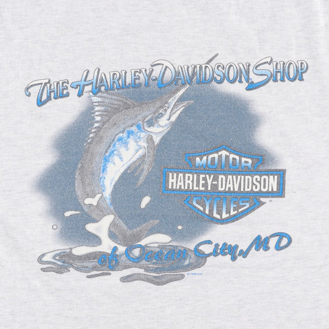 Harley-Davidson Fish Print Motorcycle T-Shirt, Made in USA, Men's XXL (approx.) cotton white type Vintage Second Hand
