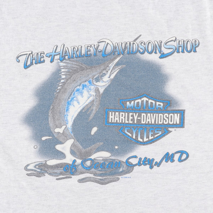 Harley-Davidson Fish Print Motorcycle T-Shirt, Made in USA, Men's XXL (approx.) cotton white type Vintage Second Hand