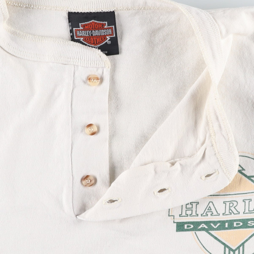 Harley-Davidson Henley Neck Motorcycle T-Shirt, Made in USA, Men's Size XL (approx.) cotton white type Vintage Second Hand