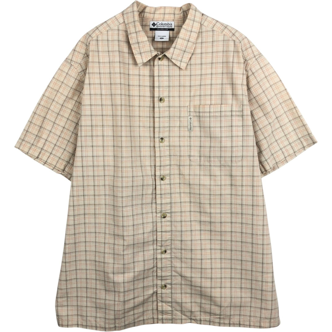 2000'S Columbia Short Sleeve Cotton Check Box Shirt, Men's XL cotton Beige type Vintage Second Hand