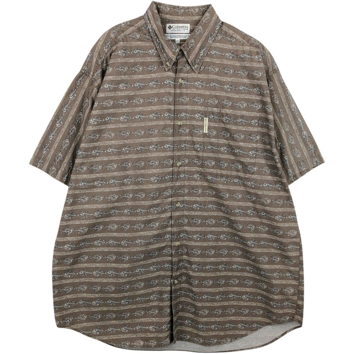 90'S Columbia Short-Sleeve Button-Down Shirt with Fish Print (Men's Size XL equivalent) Vintage cotton brown type Vintage Second Hand