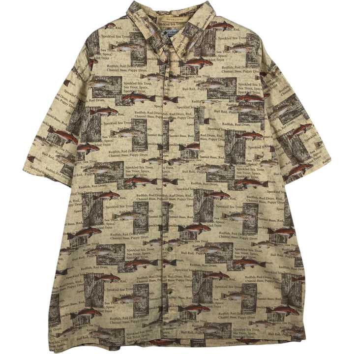 90'S Columbia RIVER LODGE Fish Print Short-Sleeve Button-Down Shirt, Boxy Shirt, Men's Size XL (Equivalent) Vintage cotton Beige type Vintage Second Hand