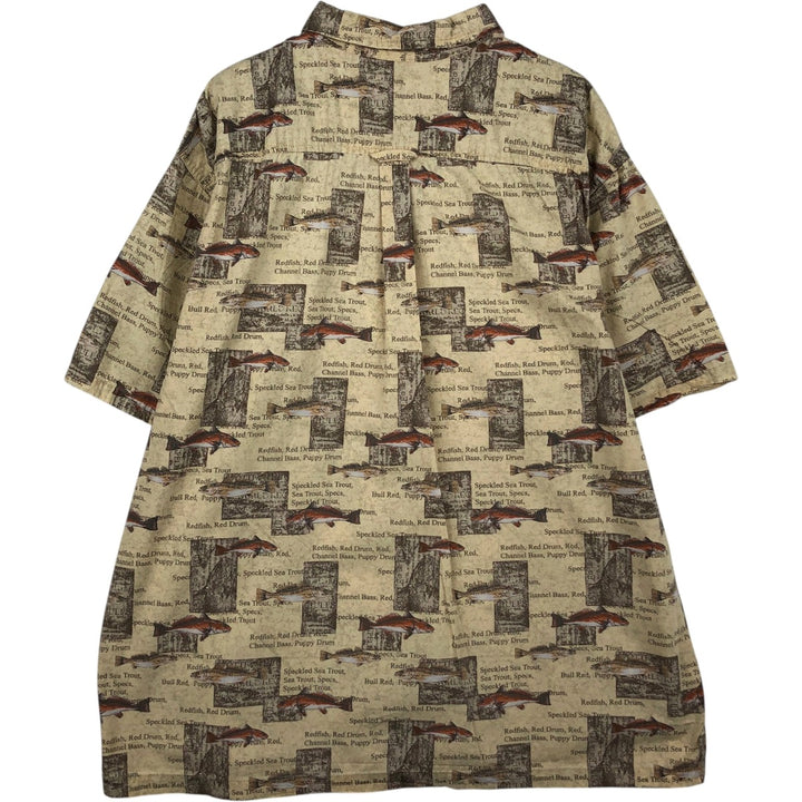 90'S Columbia RIVER LODGE Fish Print Short-Sleeve Button-Down Shirt, Boxy Shirt, Men's Size XL (Equivalent) Vintage cotton Beige type Vintage Second Hand